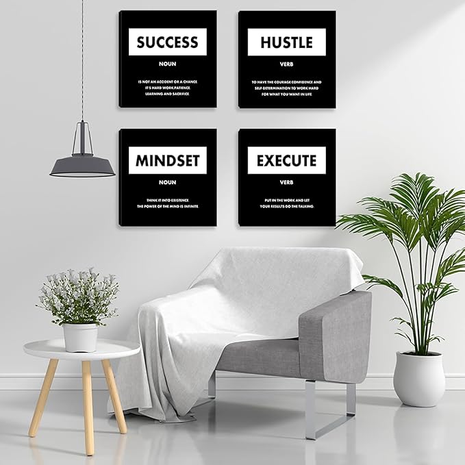 Motivational Wall Art Inspirational Office Wall Decor for Living Room Bedroom Black Decorate Wall Painting Picture Mindset Canvas Posters Prints Framed Art Work Decoration - 12"x12"x4PCS