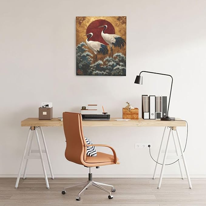 Japanese Crane Wall Art Gold Oriental Asian Wall Decor Sandhill Crane Canvas Pictures Paintings Prints Japan Traditional Aesthetic Artwork Framed Chinese Decorations For Bedroom Living Room Office Gifts 20" x 24"