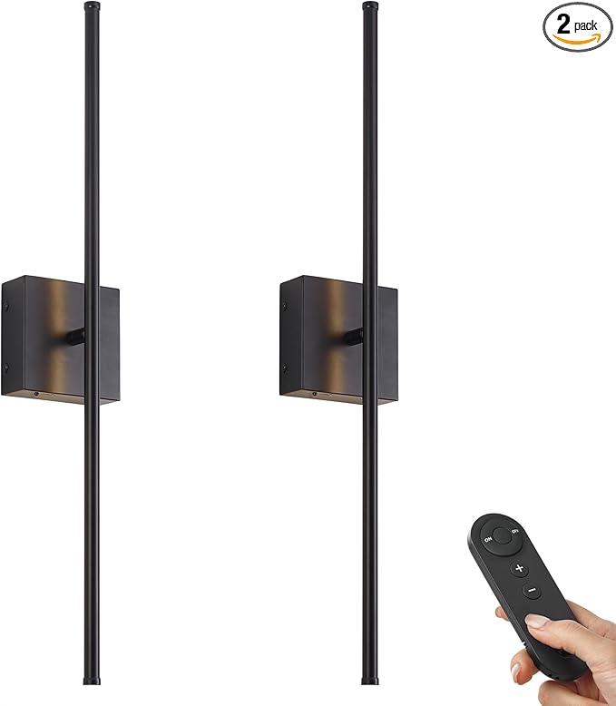 Battery Operated Wall Sconces with Remote Control, Dimmable Wall Sconces Set of Two, 350°Rotate, 3000K LED Black Wireless Wall Light for Living Room, Hallway, Bedroom, 32.2 Inch (2 Pack)