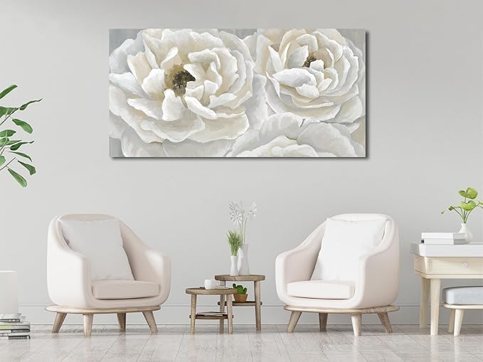 arteWOODS Cream White Flowers Wall Art - Soft Peony Pictures for Wall Decor Elegant Blossom Flower Painting Artwork Botanical Prints for Living Room Home Office Wall Decoration 29" x 58"