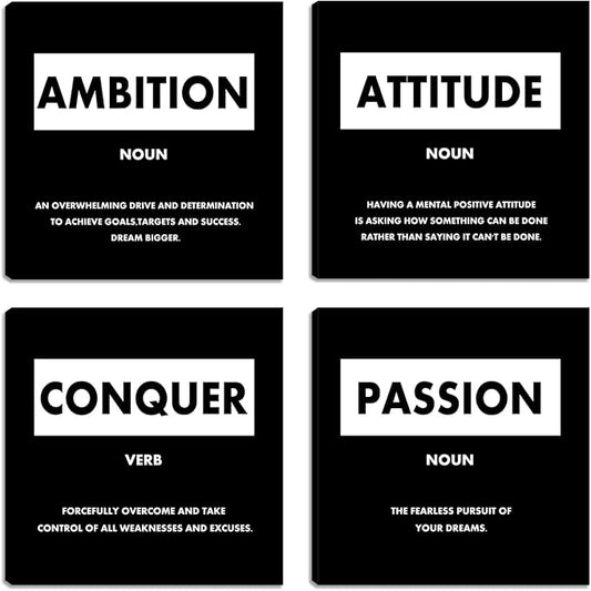 Motivational Canvas Wall Art - Home Office & Living Room Wall Decor - Black Inspirational Design - Framed Art Prints - 12X12 Inch (4 Pack)