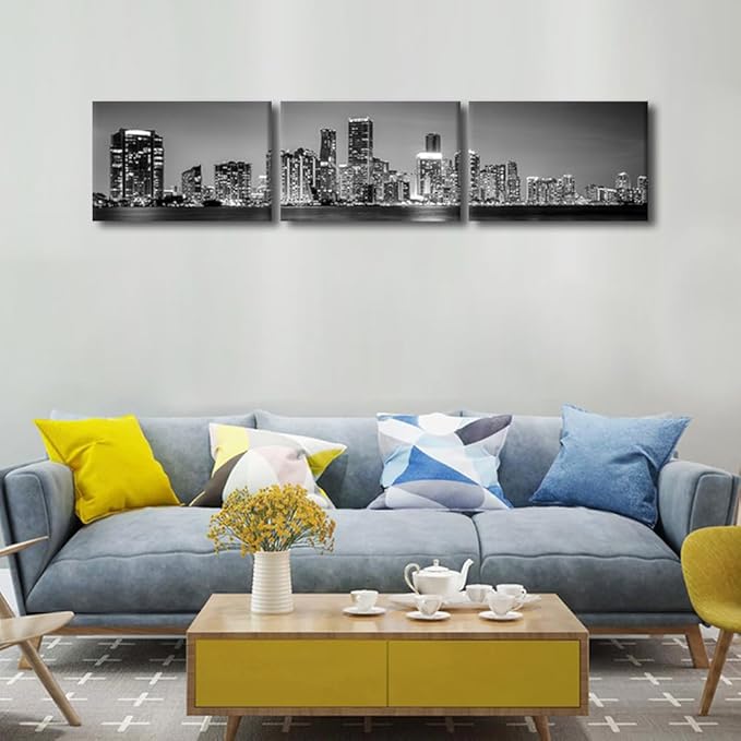 Miami Skyline Wall Art for Living Room Downtown Miami Black and White Wall Art Canvas Print Modern Home Decor Pictures Skyscraper Artwork House Decor Posters Prints Ready to Hang 12x48 Inch