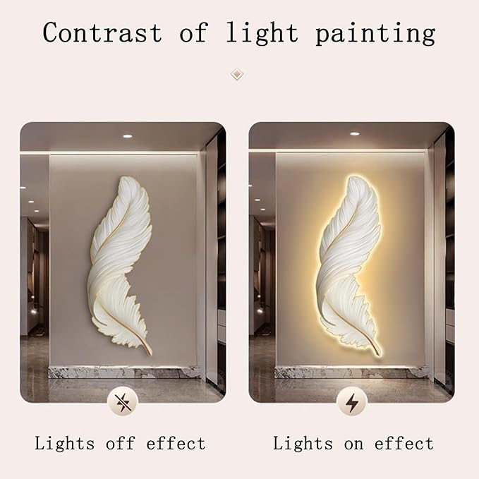 Large Feather Wall Hanging Sculpture Painting with LED Light,3D Wall Feather Sculptures Painting Hanging Wall Art with Led Light,for Hallway, Living Room(Type D,35x100cm/13.7x39.4in)