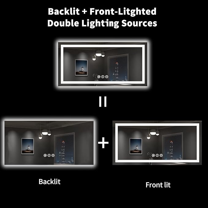 LOAAO 55X30 LED Bathroom Mirror with Lights, Anti-Fog, Dimmable, Backlit + Front Lit, Lighted Bathroom Vanity Mirror for Wall, Shatter-Proof, Memory Function, ETL Listed