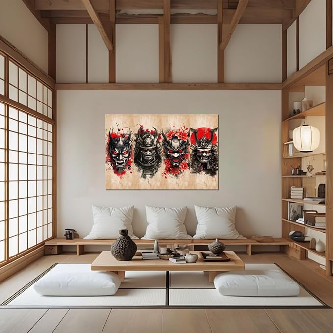 Bushido Wall Art Japanese Samurai Wall Decor Bushido Wall Art Red and Black Canvas Pictures for Japan Theme Restaurant Tavern Hotels Bedroom Living Room Office Bathroom Asian Artwork Prints Framed