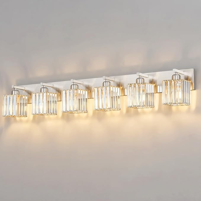 Modern Vanity Light 6-Lights Brushed Nickel Vanity Light Crystal Bathroom Wall Light Bathroom Light Fixtures