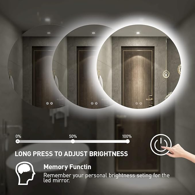 40 Inch Round LED Bathroom Mirror - 6000K Daylight Backlit, Anti-Fog & Dimmable, Frameless Waterproof Mirror with Touch Control, CRI90+, IP54 for Vanity & Makeup