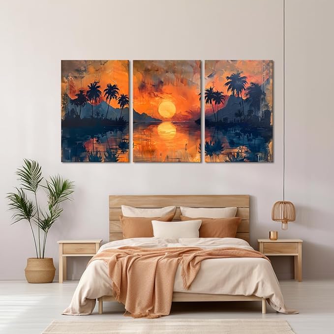 MAMAGO Large 3 Panels Sunset On Ocean Canvas Wall Art Palm Trees Natural Beautiful Print Oil Painting Stly for Living Room Bedroom Hallway Office Framed Easy to Hang-24”W x 36”Hx3pcs
