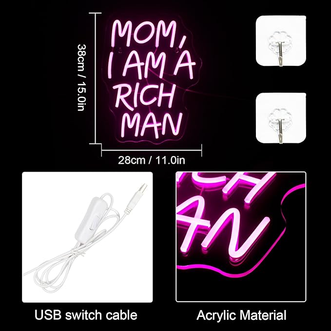 Lucunstar Mom I Am A Rich Man Neon Sign Pink Neon Signs for Wall Decor Pink LED Light for Bedroom Decor USB Connectivity Led Neon Signs for Home Boys Room Man Cave Gifts for Teens