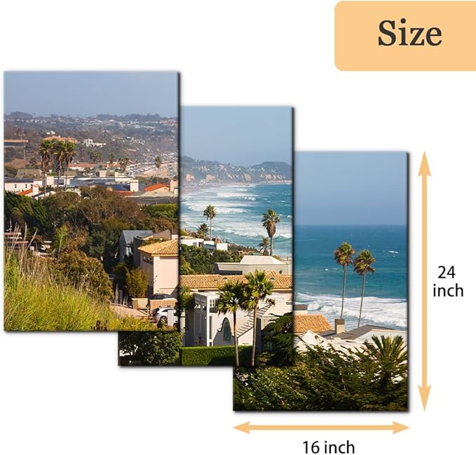 Pacimo Canvas Wall Art for Living Room - Malibu Cityscape Pictures Painting Prints California City Skyline Modern Artwork for Home Office Wall Decor Stretch Framed Ready to Hang - 20"x28"x3 Panels