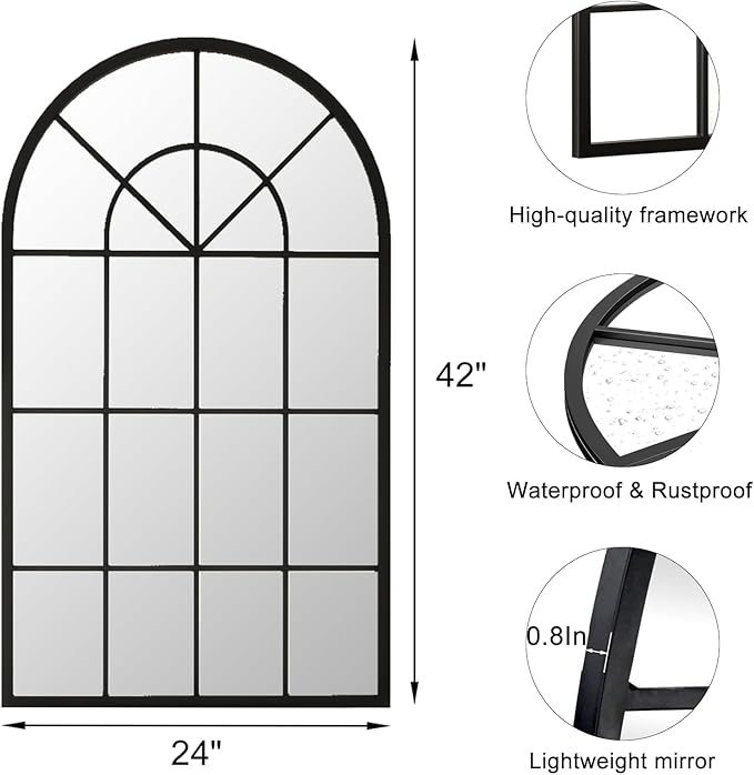 Arch Wall Mirror Mounted Decorative, 24"x42", Arched Window Pane Mirror for Wall-Mounted for Entryway, Bathroom Vanity, Living Room or Bedroom, Iron Frame, Black