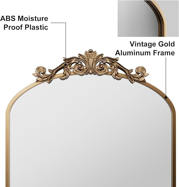 Antique Arched Wall Mirror, 24"x36" Vintage Gold Bathroom Mirror - Baroque Metal Frame Brass Mirror for Living Room, Bathroom, Fireplace, Entryway, Bronze