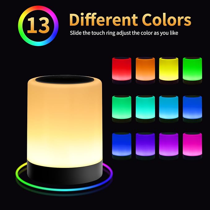 OORUN Touch Bedside Table Lamp,13 RGB Colors & 5 Brightness, USB Rechargeable Desk Lamp, Remote Control Dimmable Light with RGB Color Changing,Portable Lamp for Baby (Black)