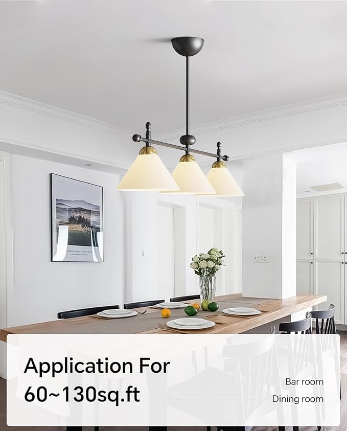 Linear Chandelier, Modern Chandelier for Dining Room Light Fixture, Dining Light Fixtures with Milk Glass Shade Pendant Lights Kitchen Island for Restaurant, Living Room (Black, 3-Lights)