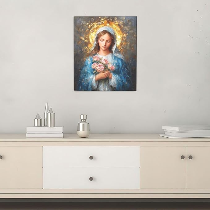 Christian Mary Wall Art Mary Mother Of God Canvas Wall Decor Catholic Blessed Mother with Roses Pictures Christ Paintings Prints Religious Bible Artwork Framed Decorations For Church Prayer Room Chapel Bathroom Bedroom Living Room Gifts 20" x 24"