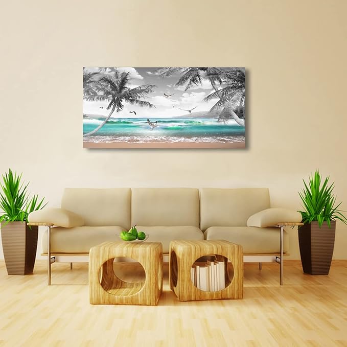 Beach Palm Pictures Canvas Wall Art For Living Room Bedroom Wall Decor,Sea Wave Wall Art Print Paitnings For Home Decor,Morden Artwork Coconut Tree Canvas Art Ready To Hang-28x57 Inches