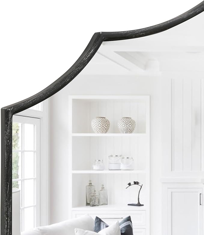 Black Scalloped Wall Mirror: 40"x29" Large Modern Minimalist Vanity Arched Mirror for Home Decor/Living Room/Bedroom/Fireplace/Mantle/Entryway