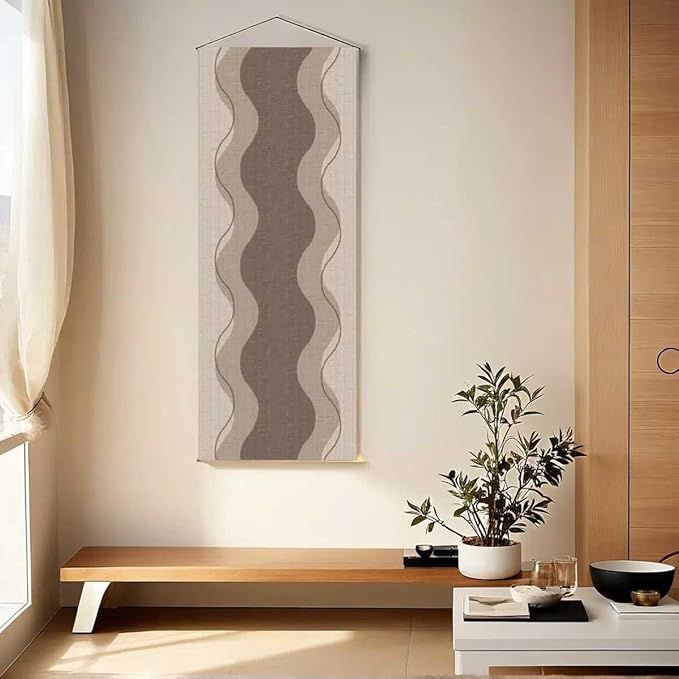 Japanese Tapestry Wall Art Good Fortune Feng Shui Lucky Symbols W15.7xH47.2", Extra Long Vertical Hanging Decor for Bedroom, Livingroom, Office Washable Fabric Zen Design (Vertical wave) CTT-12