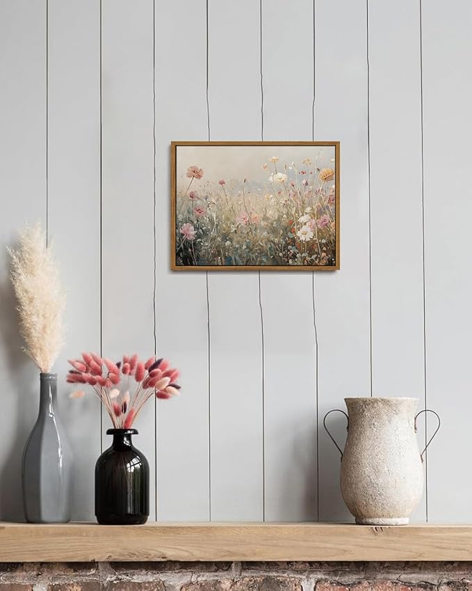KISSFOX Vintage Summer Wildflower Framed Wall Art Flower Landscape Canvas Art Rustic Country Paintings Art Prints Modern Farmhouse Pictures Wall Decor For Kitchen Bedroom