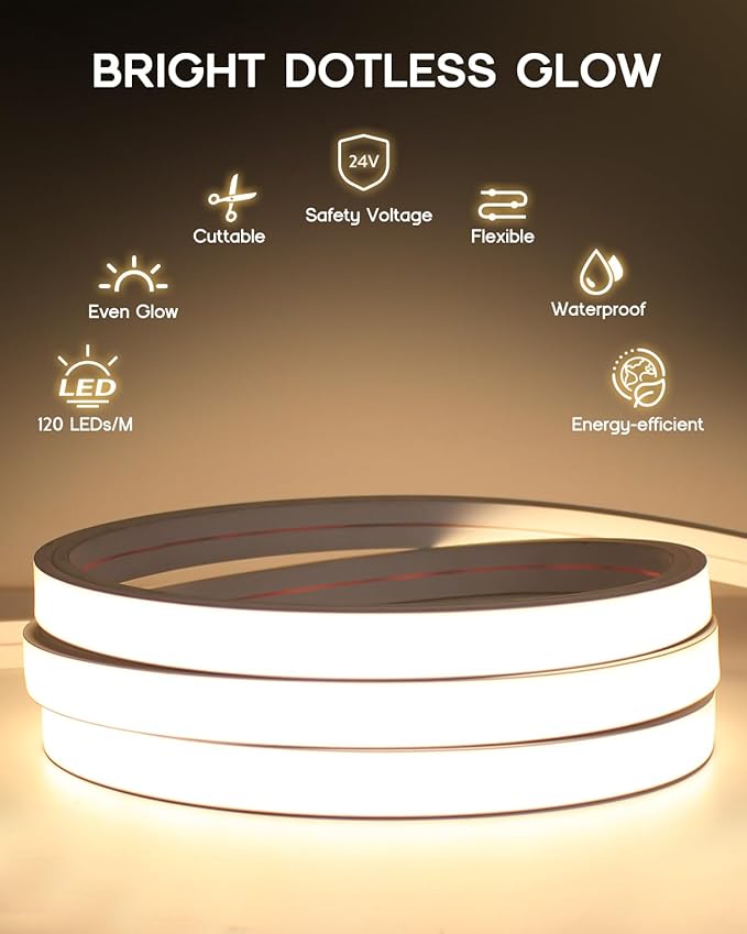 LED Strip Lights Daylight White 6000K,32.8ft 24V Neon Rope Lights,Flexible Silicone Outdoor Waterproof Neon Strip Lights for Mirror,Kitchen,Cabinet,DIY Lighting(Power Supply Not Included)