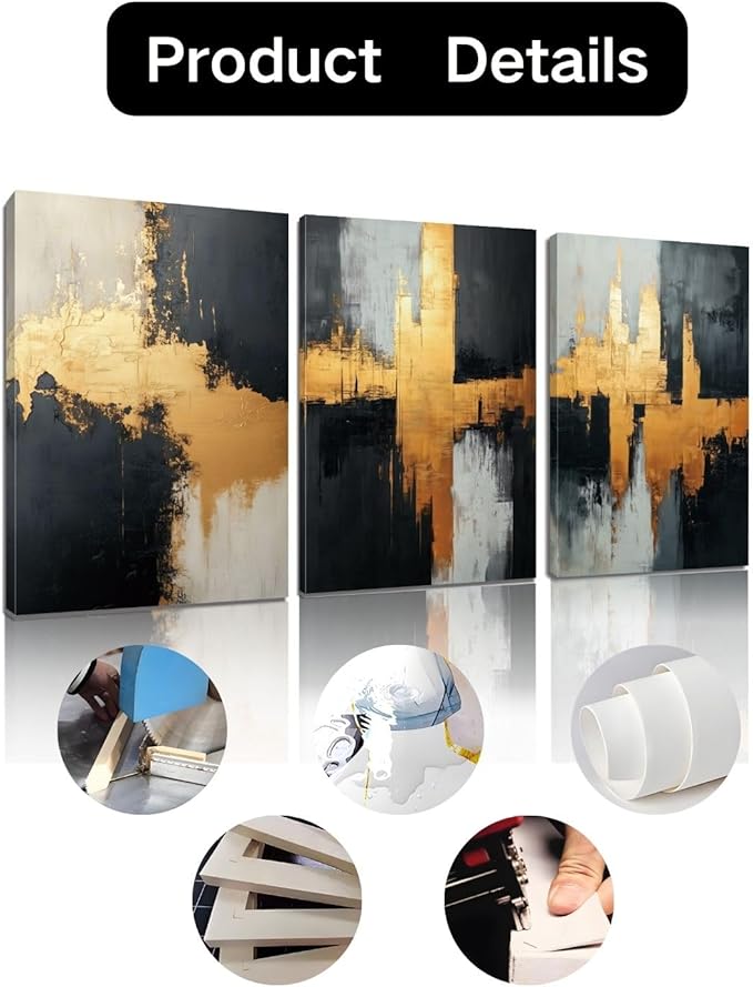 Loitspo Abstract Painting Canvas Wall Art, Black Gold Abstract Wall Art, Simple Geometric Picture Painting, Minimalist Art Pictures for Living Room Bedroom (16" x 24" x 3pc)