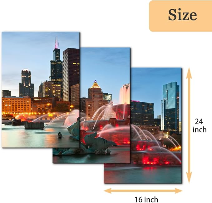 Pacimo Canvas Wall Art for Bedroom - Buckingham Fountain Painting Prints Chicago Cityscape Wall Decor Skyline Modern Artwork Home Decor Stretched and Framed Ready to Hang - 16"x24"x3 Panels