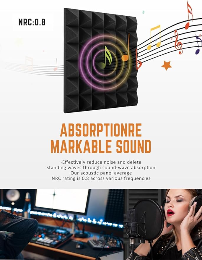 Acoustic Foams Panels 24 Pack 2" x 12"x 12" Sound Proof Foam Panels for Walls High Density and Fire Resistant Soundproofing Panels Soundproof Studio Pyramid Sound Dampening Panels Black Red