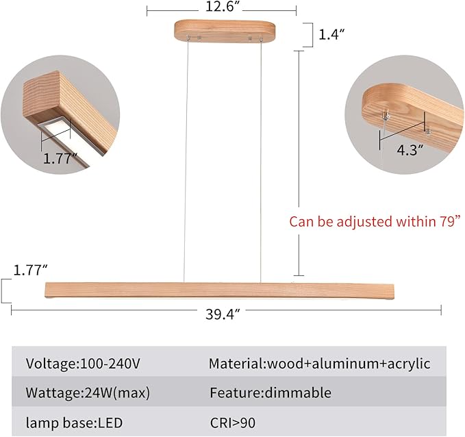 39" Wood Linear Pendant Light Fixture Modern LED Pendant Lights Led Dimmable Chandelier with Remote Control Ceiling Hanging Lights Pool Table Lights for Dining Room Kitchen Island Lights Natural