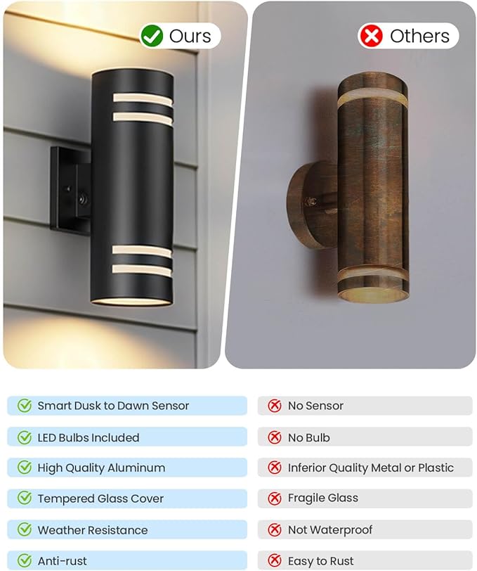 KIZON Modern Outdoor Wall Lights with Dusk to Dawn Sensor, ETL Listed Cylinder Outdoor Light Fixture Wall Mount, Matte Black Porch Light Outside Lights for House Porch, Bulbs Included