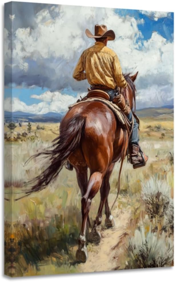 CGXLB Cowboy Riding Wall Art Western Horseman Painting Horse Picture Prints Framed Rustic Ranch Wall Decor for Living Room Bedroom Restaurant 16"x24"