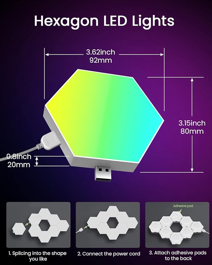 8 Pack Hexagon Led Lights Wall Panels: RGB Gaming Lights with APP Smart Modular Panel Hex Tiles Push Glide Expansion Shapes Lights