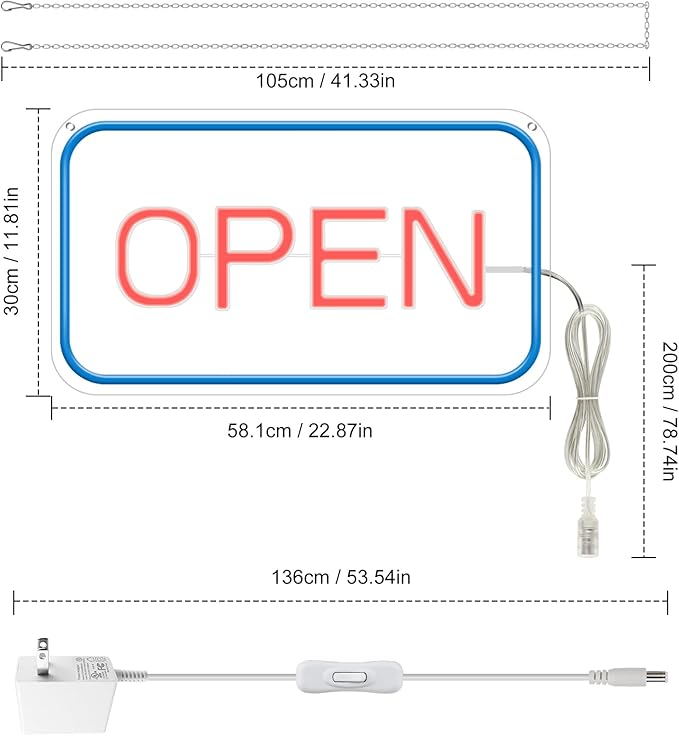 22.8"x 11.8" Ultra Bright 12V Neon Open Sign for Business, LED Open Neon Sign, Electric Light up Signs for Stores, Restaurants Offices Retail Shops Window(Blue-Red-Horizontal)