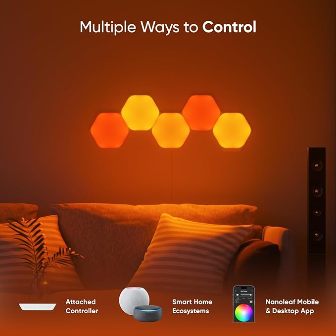 Nanoleaf Shapes LED Wall Lights, RGBW Smart Wall Panels with 16M+ Color, Compatible with Alexa & Google Assistant, Music Sync, DIY Gaming Light for Home Decor (Hexagons Smarter Kit 7 Pack)