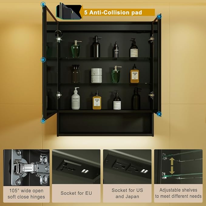 KWW LED Lighted Bathroom Medicine Cabinet with Sockets & USBs, Defogger, Dimmable, 3 Color Light Makeup Mirror, Easy to Install, Wall Mounted Cabinet (Two-Door, 30 * 34)