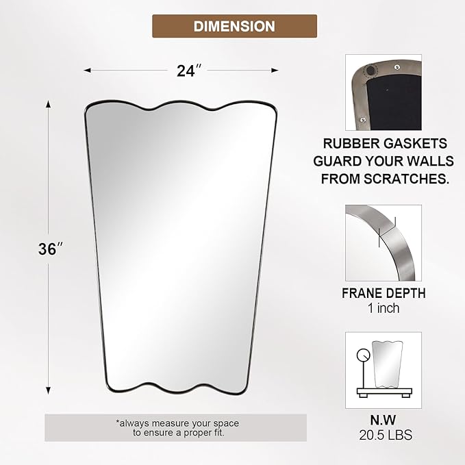 ANDY STAR 24x36 Brushed Nickel Scalloped Bathroom Mirror, Unique Irregular Wall Mirror, Rustproof Stainless Steel Wavy Metal Frame for Contemporary Bathroom Decor