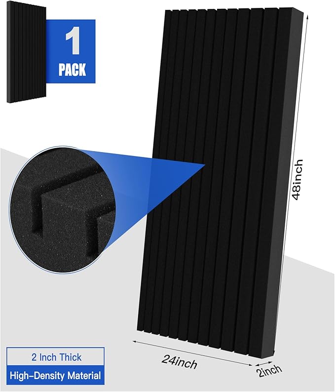 1-Pack Acoustic Foam Panels, 48" x 24" x 2" High-Density Soundproof Foam Wall Panels for Wall, Ceiling, Noise Dampening Panels for Office, Studio and Home (Black 1 Pack, 48X24X2 Inch)