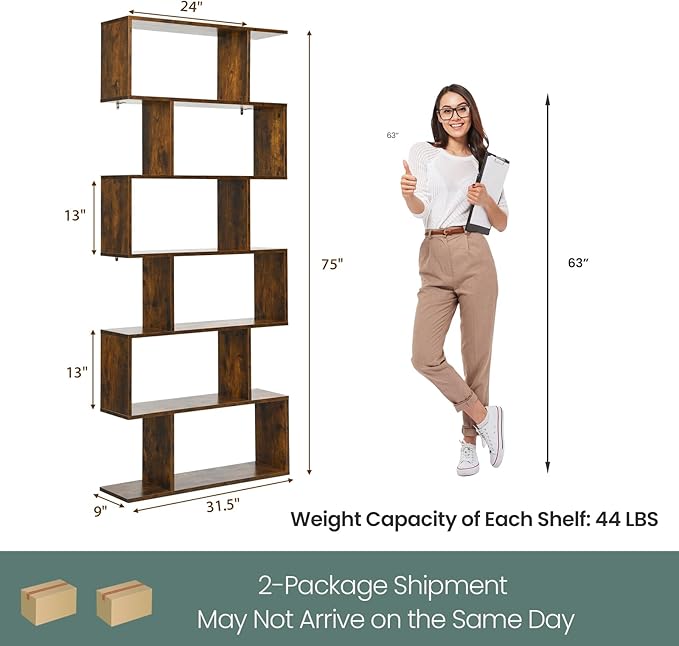 6 Tier Geometric Bookcase, S Shaped Bookshelf, Book Shelf Room Divider, Wood Freestanding Display Shelves, 75 Inch Staggered Bookshelf for Bedroom Living Room (2, Rustic Brown)