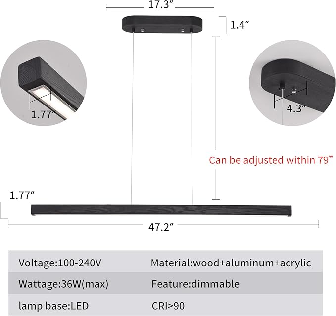 47" Black Linear Pendant Light Wooden Led Linear Pendant Light Fixtures Ceiling Hanging Dimmable Pendant Lights for Dining Room Kitchen Island Pool Table Lights Black Wood Finish
