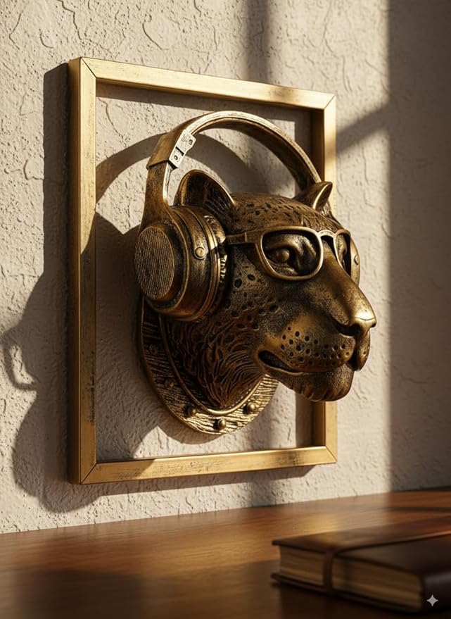 JJALIGHTS Exquisite Resin Animal Head Wall Sculpture (Gift Metal Frame) - Imitation Copper Vintage Decor for Living Room, Bedroom & Office | Decorative Wall Hanging Art (Leopard)