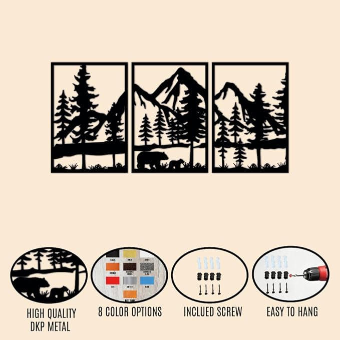 Mountain and Bear Metal Wall Art Set of 3, Forest Wall Decor, Mountain Forest Landscapes Ready to Hang Wall Decorations, Wilderness Scenery Art, Modern Art for Farmhouse, Living Room, Bedroom