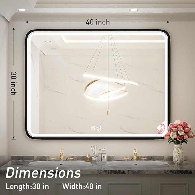 40X30 Inch Black Bathroom Mirror with LED Lights,Metal Frame Lighted Vanity Mirror,Anti Fog Design&Dimmable&Touch Switch, Wall Mounted Makeup Mirror for Home Decor(Horizontal/Vertical)