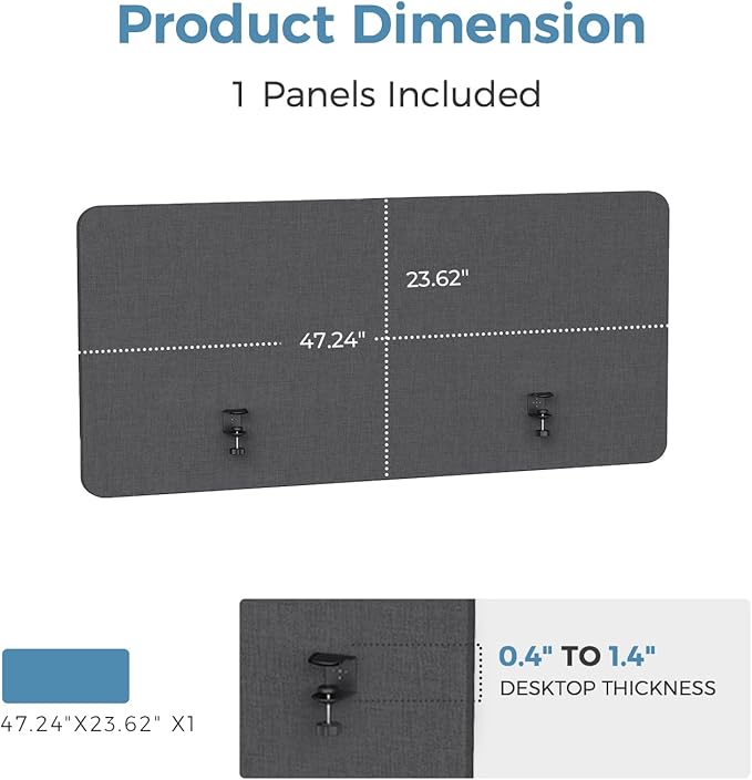 47.2" Privacy Desk Divider Panel, Acoustic Divider Panels for Office, Clamp-on Cubicle Office Room Dividers, Easy Assemble, Dark Grey