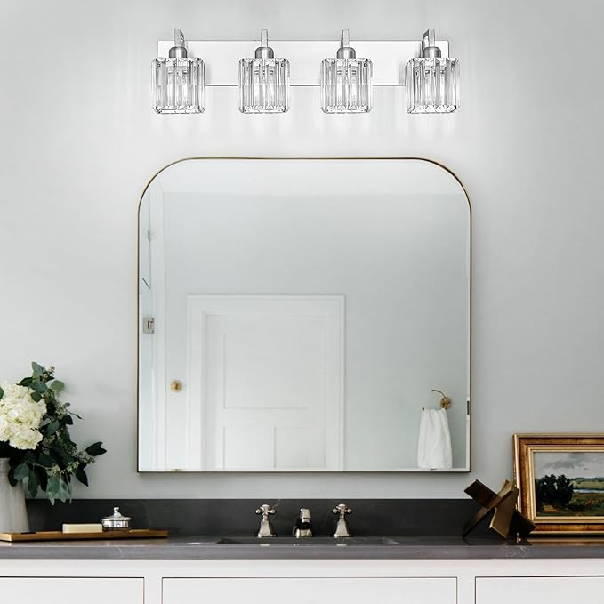 Modern Bathroom Vanity Light 4-Lights Brushed Nickel Vanity Light Crystal Wall Light Bathroom Light Fixtures