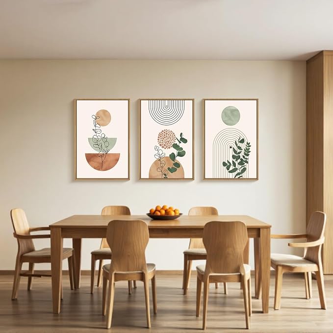 Boho Terracotta Green Framed Canvas Wall Art Set, Abstract Bohemian Wall Decor, Mid Century Modern Geometric Wall Painting, Neutral Botanical Art Print Living Room, Bedroom, Office 16"x24"x3