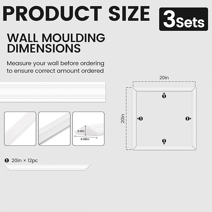 3 Sets Peel and Stick Wall Molding Kit, 20''x20'' Premade Wainscoting Accent Panels for Interior Wall Trim, Easy DIY Moulding Decor
