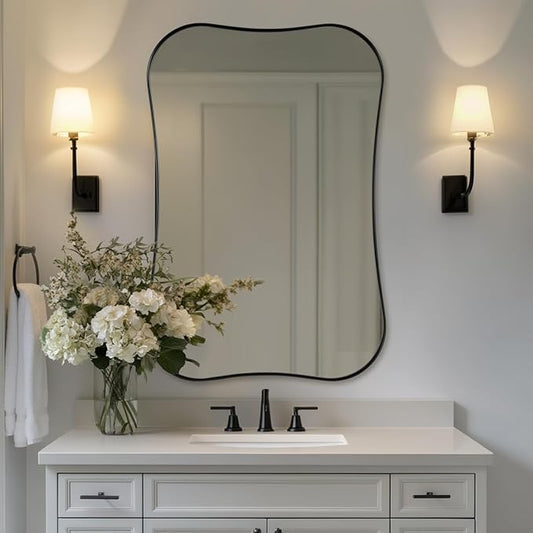 ANDY STAR 24x36 Inch Black Bathroom Mirror, Modern Scalloped Black Mirror with Unique Notched Edges Design in1 Inch Stainless Steel Frame Wall Mounted Horizontal/Vertical for Home Decor