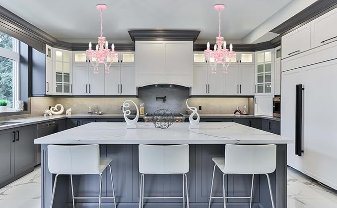 LaLuLa Mini Chandelier with Acrylic Crystals Pink Chandelier 4 Light Modern Chandeliers for Bedroom and Girls Room