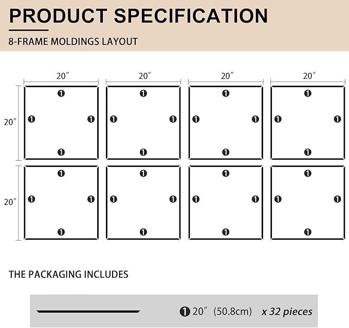 8 Set of 20" x 20" Pre-Cut Accent Wall Molding Trim Kit, Peel and Stick Premade Wainscoting Panels for Interior Decoration, Ready to Assemble Chair Rail Moulding
