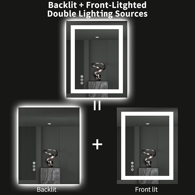 LOAAO 24"X30" LED Bathroom Mirror with Lights, Anti-Fog, Dimmable, Backlit + Front Lit, Lighted Bathroom Vanity Mirror for Wall, Memory Function, Tempered Glass, ETL Listed