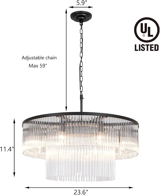 Black Modern Chandelier, 2-Tier Crystal Glass, 8-Light Round Dining Room Chandelier, Contemporary Pendant Ceiling Light for Bedroom Foyer Entryway, 23.6''